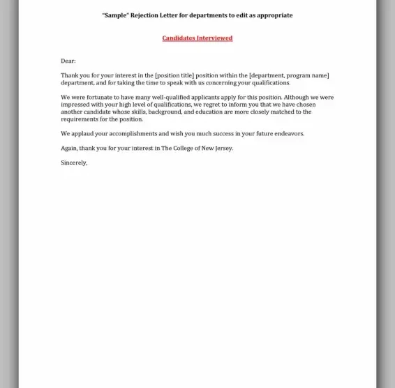 Professional Rejection Letter Template 07